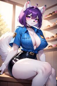1girl ahoge animal_ears artist:furryfunparty belt black_belt black_skirt blue_shirt blush body_fur breasts character:violet choker cleavage doughnut furry furry_female indoors large_breasts looking_at_viewer police police_uniform purple_eyes purple_hair shirt short_hair short_sleeves sitting skirt solo tail thighs uniform white_fur wolf // 512x768 // 126KB