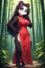 1girl :3 animal_ears animal_nose artist:furryfunparty bamboo bamboo_forest black_fur black_hair blush body_fur breasts china_dress chinese_clothes dress forest full_body furry furry_female hand_on_own_hip long_hair looking_at_viewer medium_breasts nature outdoors panda panda_ears red_dress sleeveless sleeveless_dress smile snout solo standing // 512x768 // 142KB