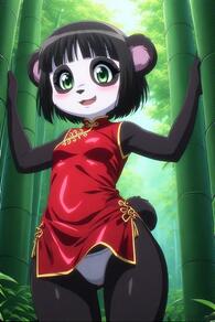 1girl animal_ears animal_nose artist:furryfunparty bamboo bamboo_forest black_fur black_hair blunt_bangs blush breasts china_dress chinese_clothes cowboy_shot dress forest furry furry_female green_eyes looking_at_viewer nature open_mouth outdoors panda panda_ears panties red_dress short_dress short_hair sleeveless sleeveless_dress small_breasts smile solo standing tail underwear white_panties // 512x768 // 123KB