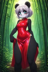 1girl animal_ears animal_nose artist:furryfunparty bamboo bamboo_forest black_fur blush breasts china_dress chinese_clothes closed_mouth covered_navel dress forest furry furry_female grey_hair looking_at_viewer nature outdoors panda panda_ears red_dress short_hair sleeveless sleeveless_dress small_breasts solo standing // 512x768 // 135KB