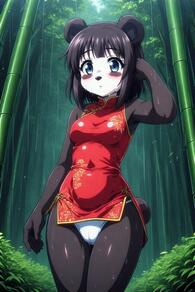 1girl animal_ears animal_nose artist:furryfunparty bamboo bamboo_forest bear_ears black_fur black_hair blue_eyes blush blush_stickers breasts cameltoe china_dress chinese_clothes dress forest furry furry_female looking_at_viewer nature outdoors panda panda_ears panties red_dress short_hair sleeveless small_breasts solo standing tail underwear wet white_panties // 512x768 // 139KB