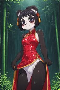 1girl :3 animal_ears animal_nose artist:furryfunparty bamboo bamboo_forest black_eyes black_fur black_hair blush breasts china_dress chinese_clothes closed_mouth clothes_lift dress dress_lift forest furry furry_female hair_ornament lifted_by_self looking_at_viewer nature outdoors panda panda_ears panties rain red_dress short_hair side_slit sleeveless sleeveless_dress small_breasts smile solo standing underwear wet wet_clothes white_panties // 512x768 // 143KB