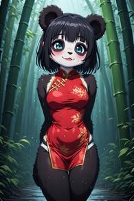 1girl animal_ears animal_nose arms_behind_back artist:furryfunparty bamboo bamboo_forest bare_shoulders black_fur black_hair blue_eyes blush breasts china_dress chinese_clothes covered_navel dress forest furry furry_female looking_at_viewer medium_breasts nature open_mouth outdoors panda panda_ears panties red_dress short_hair sleeveless sleeveless_dress smile solo thigh_gap underwear water wet white_panties // 512x768 // 137KB
