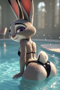 1girl animal_ears animal_nose artist:furryfunparty ass bikini black_bikini blurry blurry_background body_fur breasts bunny character:judy_hopps closed_mouth from_behind furry furry_female grey_fur indoors looking_at_viewer looking_back partially_submerged pool purple_eyes rabbit_ears rabbit_girl rabbit_tail smile solo swimsuit tail water wet Zootopia // 512x768 // 141KB