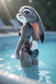 1girl animal_ears animal_nose artist:furryfunparty ass bikini black_bikini blurry blurry_background body_fur breasts bunny character:judy_hopps from_behind furry furry_female grey_fur light_rays looking_at_viewer looking_back outdoors pool purple_eyes rabbit_ears rabbit_girl rabbit_tail small_breasts smile solo standing swimsuit tail wading water wet white_fur Zootopia // 512x768 // 126KB