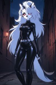 1girl animal_ears artist:furryfunparty belt bodysuit breasts character:loona_helluva_boss colored_sclera ear_piercing furry furry_female latex long_hair looking_at_viewer medium_breasts night outdoors piercing red_eyes shiny_clothes skin_tight sky smile solo tail very_long_hair wolf_ears wolf_girl wolf_tail // 512x768 // 114KB