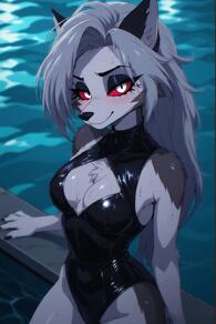 1girl animal_ears animal_nose artist:furryfunparty blush body_fur breasts character:loona_helluva_boss cleavage cleavage_cutout closed_mouth clothing_cutout colored_sclera furry furry_female grey_fur grey_hair latex long_hair looking_at_viewer medium_breasts one-piece_swimsuit pool red_sclera smile snout solo swimsuit water wet white_eyes wolf_ears wolf_girl // 512x768 // 113KB