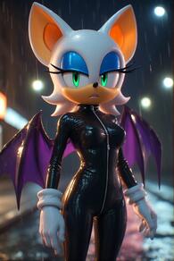 1girl animal_ears artist:furryfunparty bat_ears bat_girl bat_wings black_bodysuit blurry_background bodysuit breasts character:rouge_the_bat eyeshadow furry furry_female gloves green_eyes latex looking_at_viewer makeup medium_breasts rain shiny_clothes solo wet white_gloves wings // 512x768 // 116KB