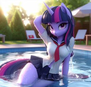 1girl artist:furryfunparty character:twilight_sparke(mlpfim) colored_skin furry furry_female horns horse_ears horse_tail long_hair looking_at_viewer multicolored_hair my_little_pony pink_hair pool purple_eyes school_uniform single_horn skirt solo tail unicorn water wet wet_clothes // 1024x981 // 200KB