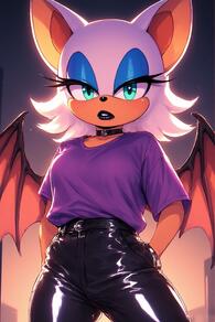 1girl animal_ears artist:furryfunparty bat_ears bat_girl bat_wings black_pants blue_eyeshadow breasts character:rouge_the_bat eyeshadow furry furry_female green_eyes leather leather_pants lipstick looking_at_viewer makeup pants purple_shirt shirt solo white_hair wings // 512x768 // 135KB