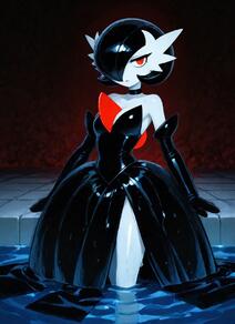 1girl alternate_color artist:furryfunparty bare_shoulders black_choker black_dress black_gloves black_hair bob_cut breasts character:gardevoir choker closed_mouth colored_skin dress elbow_gloves gloves goth hair_over_one_eye looking_at_viewer mega_pokemon one_eye_covered pokemon pokemon_(creature) red_eyes shiny_clothes shiny_pokemon short_hair solo standing strapless strapless_dress wading water wet white_skin // 768x1059 // 175KB