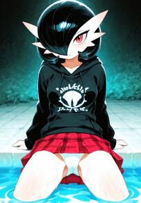 1girl alternate_color arm_support artist:furryfunparty black_hair black_hoodie bob_cut breasts character:gardevoir closed_mouth clothed_pokemon clothes_writing collarbone colored_skin drawstring goth hair_over_one_eye hood hood_down hoodie long_sleeves looking_at_viewer medium_breasts miniskirt one_eye_covered panties pantyshot plaid plaid_skirt pleated_skirt pokemon pokemon_(creature) poolside red_eyes red_skirt short_hair sitting skirt solo underwear water wet white_panties white_skin // 768x1101 // 214KB