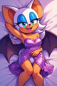 1girl animal_ears animal_nose arm_behind_head armpits artist:furryfunparty bare_shoulders bat_ears bat_girl bat_wings bed_sheet breasts character:rouge_the_bat cleavage clothes_lift collarbone dress eyeshadow frills furry furry_female green_eyes knees_together_feet_apart lifted_by_self looking_at_viewer lying makeup medium_breasts nightgown on_back open_mouth panties smile solo strapless teeth underwear white_hair white_panties wings // 512x768 // 133KB