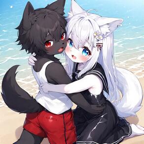 1boy 1girl animal_ear_fluff animal_ears artist:furryfunparty barefoot beach black_dress black_hair blue_eyes character:ash character:yuki dress fang flower furry furry_female furry_male hair_between_eyes hair_ornament hug loli long_hair looking_at_viewer open_mouth outdoors red_eyes red_shorts sailor_collar shorts shota sleeveless smile tail water white_hair wolf wolf_ears young // 768x768 // 201KB