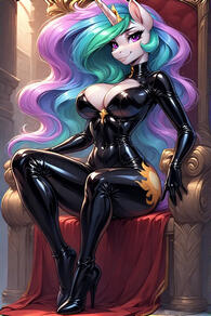 1girl animal_ears artist:furryfunparty black_bodysuit bodysuit breasts cleavage full_body high_heels horns horse_ears large_breasts latex long_hair looking_at_viewer multicolored_hair my_little_pony purple_eyes purple_hair shiny_clothes single_horn sitting smile solo throne // 512x768 // 410KB