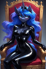 1girl animal_ears artist:furryfunparty black_bodysuit blue_eyes blue_hair bodysuit breasts cleavage furry furry_female horns latex long_hair looking_at_viewer my_little_pony shiny_clothes sitting smile solo tail // 512x768 // 381KB