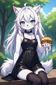 1girl ahoge animal_ears artist:furryfunparty black_dress black_thighhighs blue_eyes burger character:yuki collar dress food furry furry_female holding holding_food loli long_hair looking_at_viewer outdoors sitting sleeveless_dress solo tail thighhighs tongue tongue_out white_fur white_hair wolf young // 512x768 // 156KB