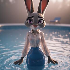 1girl animal_ears artist:furryfunparty blue_skirt blurry blurry_background body_fur breasts character:judy_hopps collared_shirt furry furry_female grey_fur high-waist_skirt long_sleeves looking_at_viewer nipples no_bra outdoors pencil_skirt pool purple_eyes rabbit_ears rabbit_girl see-through see-through_shirt shirt shirt_tucked_in skirt small_breasts smile solo standing straight-on wading water wet wet_clothes wet_shirt white_shirt Zootopia // 768x768 // 165KB
