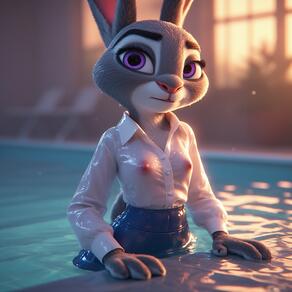 1girl animal_ears artist:furryfunparty blurry blurry_background body_fur breasts character:judy_hopps closed_mouth collared_shirt furry furry_female grey_fur indoors long_sleeves looking_at_viewer nipples no_bra partially_submerged pool purple_eyes rabbit_ears rabbit_girl see-through shirt skirt small_breasts solo water wet wet_clothes wet_shirt white_shirt Zootopia // 768x768 // 150KB