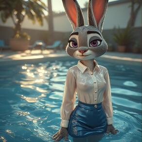 1girl animal_ears artist:furryfunparty blue_skirt blurry body_fur breasts character:judy_hopps furry furry_female grey_fur indoors long_sleeves looking_at_viewer nipples no_bra partially_submerged pool purple_eyes rabbit_ears rabbit_girl see-through see-through_shirt shirt shirt_tucked_in skirt small_breasts smile solo wading water wet wet_clothes wet_shirt white_shirt Zootopia // 768x768 // 186KB