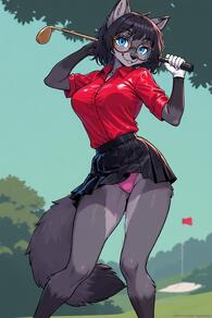 1girl animal_ears artist:furryfunparty black-framed_eyewear black_hair black_skirt blue_eyes body_fur breasts character:Gabby collared_shirt fox furry furry_female glasses gloves golf_club grey_fur holding large_breasts looking_at_viewer miniskirt outdoors panties pantyshot pink_panties pleated_skirt red_shirt shirt short_hair skirt smile solo standing tail underwear white_gloves wolf_girl // 512x768 // 126KB