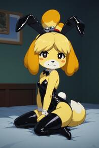1girl :3 animal_ears artist:furryfunparty bare_shoulders bell black_bow black_bowtie black_footwear black_leotard blonde_hair blush_stickers boots bow bowtie breasts bright_pupils brown_eyes bunnygirl character:isabelle(animal_crossing) cleavage detached_collar dog_ears dog_girl dog_tail fake_animal_ears full_body furry furry_female hair_bell hair_ornament high_heels indoors jingle_bell leotard looking_at_viewer on_bed playboy_bunny rabbit_ears rabbit_tail shiny_clothes sitting small_breasts smile solo strapless strapless_leotard tail thigh_boots thighhighs topknot white_pupils wrist_cuffs yellow_fur // 512x768 // 85KB