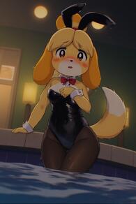 1girl animal_ears artist:furryfunparty black_leotard blonde_hair blush blush_stickers bow bowtie breasts brown_eyes bunnygirl character:isabelle(animal_crossing) detached_collar dog_ears dog_girl fake_animal_ears furry furry_female indoors leotard looking_at_viewer open_mouth pantyhose playboy_bunny rabbit_ears red_bow red_bowtie solo strapless strapless_leotard tail wading water wet wrist_cuffs // 512x768 // 86KB