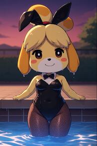 1girl animal_ears animal_nose artist:furryfunparty ass_visible_through_thighs bare_shoulders black_bow black_bowtie black_leotard blonde_hair blurry blurry_background blush_stickers bow bowtie breasts bright_pupils bunnygirl character:isabelle(animal_crossing) closed_mouth covered_navel detached_collar dog_ears dog_girl fake_animal_ears fishnet_pantyhose fishnets furry furry_female hair_tie leotard looking_at_viewer outdoors pantyhose partially_submerged playboy_bunny pool rabbit_ears sky smile solo standing straight-on strapless strapless_leotard thigh_gap topknot water wet wet_clothes white_pupils wide_hips yellow_fur // 512x768 // 120KB