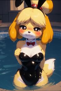 1girl animal_ears artist:furryfunparty black_leotard blonde_hair blush bow bowtie breasts brown_eyes bunnygirl character:isabelle(animal_crossing) cleavage detached_collar dog_ears dog_girl dog_tail fake_animal_ears furry furry_female leotard looking_at_viewer partially_submerged playboy_bunny pool rabbit_ears red_bow red_bowtie smile solo strapless strapless_leotard tail water wet // 512x768 // 111KB