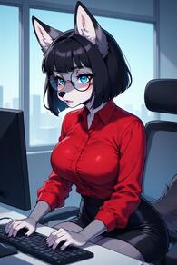 1girl animal_ears artist:furryfunparty black_hair black_skirt blue_eyes body_fur breasts chair character:Gabby collared_shirt furry furry_female glasses indoors keyboard_(computer) large_breasts looking_at_viewer monitor office_lady pencil_skirt red_shirt round_eyewear shirt short_hair sitting skirt snout solo tail // 512x768 // 121KB