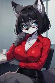 1girl animal_ears artist:furryfunparty black-framed_eyewear black_hair black_skirt blue_eyes body_fur breasts chair character:Gabby cleavage closed_mouth collarbone collared_shirt furry furry_female glasses grey_fur indoors large_breasts long_sleeves looking_at_viewer pencil_skirt red_shirt shirt short_hair sitting skirt solo tail wolf_ears wolf_girl wolf_tail // 512x768 // 120KB