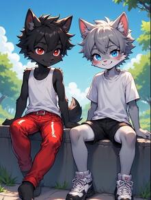2boys animal_ears artist:furryfunparty belt black_hair blue_eyes cat_boy cat_ears character:ash furry furry_male looking_at_viewer male_focus multiple_boys outdoors pants red_eyes shirt shoes shorts shota sitting sky smile tail tank_top white_shirt wolf_boy young // 512x677 // 135KB