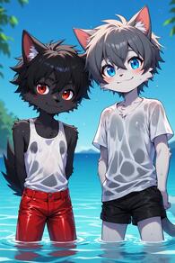 2boys animal_ears artist:furryfunparty black_hair blue_eyes cat_boy cat_ears character:ash furry furry_male looking_at_viewer male_focus multiple_boys outdoors pants red_eyes shirt shorts shota smile tail tank_top water wet wet_clothes wet_shirt white_shirt young // 512x768 // 160KB