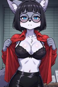 1girl animal_ears artist:furryfunparty black_bra black_hair blue_eyes blush bra breasts character:Gabby cleavage fox furry furry_female glasses grey_fur large_breasts looking_at_viewer navel open_clothes open_shirt red_shirt shirt short_hair solo tail underwear // 512x768 // 146KB