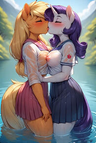 2girls animal_ears artist:furryfunparty asymmetrical_docking blonde_hair blush breast_press breasts character:applejack character:Rarity closed_eyes colored_skin french_kiss furry furry_female furry_with_furry horns horse_ears interspecies kiss large_breasts lesbian long_hair multiple_girls my_little_pony nipples outdoors pink_skirt pleated_skirt purple_hair sailor_collar school_uniform see-through serafuku short_sleeves single_horn skirt symmetrical_docking tail tongue wading water wet wet_clothes yuri // 512x768 // 369KB