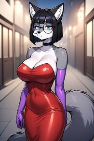 1girl animal_ears artist:furryfunparty black_choker black_hair blue_eyes blush breasts character:Gabby choker cleavage collarbone covered_navel dress elbow_gloves furry furry_female glasses gloves large_breasts looking_at_viewer purple_gloves red_dress round_eyewear short_hair solo strapless tail // 512x768 // 79KB