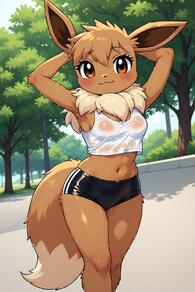 1girl :3 animal_ears armpits arms_behind_head arms_up artist:furryfunparty black_buruma black_shorts blush body_fur breasts brown_eyes brown_fur character:eevee closed_mouth crop_top day female furrification furry furry_female looking_at_viewer medium_breasts midriff navel outdoors pokemon pokemon_(creature) see-through shirt smile solo standing stomach sweat tail tree wet wet_clothes wet_shirt white_shirt // 512x768 // 135KB