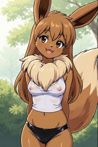 1girl :3 animal_ears animal_nose artist:furryfunparty bare_shoulders black_panties blush body_fur breasts brown_eyes brown_fur brown_hair bush character:eevee covered_nipples cowboy_shot crop_top day fang female furrification furry furry_female groin happy head_tilt long_hair looking_at_viewer medium_breasts navel neck_fur nipples no_bra open_mouth outdoors panties personification pokemon pokemon_(creature) see-through see-through_shirt shirt sidelocks sleeveless sleeveless_shirt smile solo standing stomach tail tree underwear wet white_shirt // 512x768 // 141KB