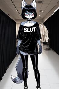 1girl animal_ears animal_nose artist:furryfunparty black_choker blue_eyes blush breasts character:Gabby choker furry furry_female glasses looking_at_viewer shirt short_hair solo tail thighhighs // 512x768 // 121KB