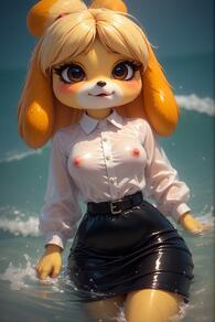 1girl animal_ears artist:furryfunparty belt black_skirt blonde_hair blush breasts brown_eyes character:isabelle(animal_crossing) collared_shirt dog_ears dog_girl furry furry_female long_sleeves looking_at_viewer nipples ocean outdoors partially_submerged pencil_skirt see-through shirt skirt small_breasts solo topknot water wet wet_clothes wet_shirt white_shirt // 512x768 // 119KB