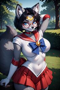 1girl animal_ears artist:furryfunparty black_hair blue_eyes bow breasts character:Gabby choker cosplay covered_navel elbow_gloves fox furry furry_female glasses gloves large_breasts looking_at_viewer outdoors pleated_skirt red-framed_eyewear red_choker red_skirt sailor_collar sailor_moon sailor_senshi_uniform short_hair skirt solo tail tree white_gloves // 512x768 // 104KB