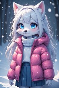 1girl animal_ear_fluff animal_ears animal_nose artist:furryfunparty blue_eyes blue_skirt blush body_fur character:yuki furry furry_female jacket loli long_hair long_sleeves looking_at_viewer open_clothes outdoors pink_jacket pleated_skirt skirt smile snow snowing solo sweater tail white_fur white_hair wolf young // 512x768 // 100KB