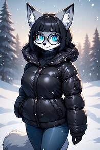 1girl animal_ear_fluff animal_ears artist:furryfunparty black-framed_eyewear black_hair black_jacket black_sweater blue_eyes blunt_bangs body_fur breasts character:Gabby closed_mouth cowboy_shot denim fox fox_ears furry furry_female glasses gloves hand_in_pocket jacket jeans large_breasts long_sleeves looking_at_viewer outdoors pants round_eyewear short_hair smile snow snowing solo sweater tail tree turtleneck turtleneck_sweater zipper // 512x768 // 87KB