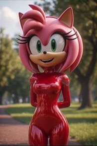 1girl animal_ears animal_nose arms_behind_back artist:furryfunparty artist_name blurry blurry_background bodysuit breasts character:amy_rose day furry furry_female green_eyes latex latex_bodysuit looking_at_viewer medium_breasts open_mouth outdoors red_bodysuit shiny_clothes smile solo standing teeth // 512x768 // 79KB