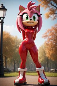 1girl animal_ears animal_nose arms_behind_back artist:furryfunparty artist_name ass_visible_through_thighs blue_sky blurry blurry_background bodysuit boots breasts character:amy_rose day full_body furry furry_female green_eyes hairband happy lamppost latex latex_bodysuit looking_at_viewer medium_breasts outdoors red_bodysuit red_footwear red_hairband shiny_clothes sky smile solo standing teeth tree watermark // 512x768 // 85KB