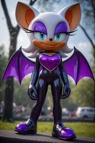 1girl animal_ears animal_nose artist:furryfunparty bat_ears bat_girl bat_wings black_bodysuit blurry blurry_background bodysuit breasts character:rouge_the_bat closed_mouth day eyeshadow full_body furry furry_female gloves latex looking_at_viewer makeup outdoors smile solo standing white_hair wings // 512x768 // 94KB