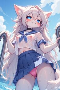 1girl :3 animal_ear_fluff animal_ears artist:furryfunparty black_choker blue_eyes blue_sailor_collar blue_skirt blue_sky blush breasts cameltoe character:yuki choker closed_mouth cloud day flat_chest furry furry_female long_hair looking_at_viewer navel neckerchief nipples outdoors panties pink_panties pleated_skirt pool_ladder sailor_collar school_uniform see-through serafuku shirt short_sleeves skirt sky small_breasts smile solo tail underwear very_long_hair water wet wet_clothes wet_shirt white_hair white_shirt // 512x768 // 152KB