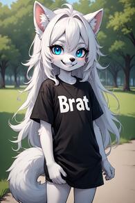 1girl ahoge animal_ear_fluff animal_ears animal_nose artist:furryfunparty black_shirt blue_eyes body_fur character:yuki clothes_writing day furry furry_female hair_between_eyes loli long_hair looking_at_viewer outdoors shirt short_sleeves smile solo tail tree white_fur white_hair wolf wolf_tail young // 512x768 // 92KB