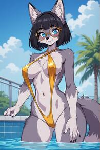 1girl animal_ears artist:furryfunparty black_hair blue_eyes blue_sky breasts character:Gabby cloud day fox furry furry_female glasses grey_fur large_breasts looking_at_viewer navel outdoors pool short_hair sky sling_bikini slingshot_swimsuit smile snout solo swimsuit tail tree // 512x768 // 140KB