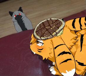 all_fours ambiguous_gender artist:arturo_wolff_(artist) black_body black_ears black_fur black_markings black_nose black_stripes blush blush_lines brown_eyes canid canine canis character:arturo_wolff character:cart_(cartuniverse) cheek_tuft claws countershading cute_fangs detailed duo facial_markings facial_tuft fangs feet feral fingers floppy_ears food fur furniture grey_body grey_fur hair head_markings head_tuft hotcake humor inside lagomorph long_ears looking_at_another male mammal markings meme multicolored_body multicolored_fur narrowed_eyes open_mouth orange_body orange_ears orange_fur orange_hair paws photo_background rabbit real red_eyes sitting sofa striped_body striped_fur stripes teeth tiger toes tuft two_tone_body two_tone_fur whiskers white_claws wolf // 1080x962 // 95KB